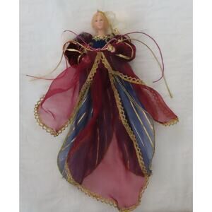 Vintage Flying Angel Christmas Holiday Ornament Burgundy Velvet Organza Dress